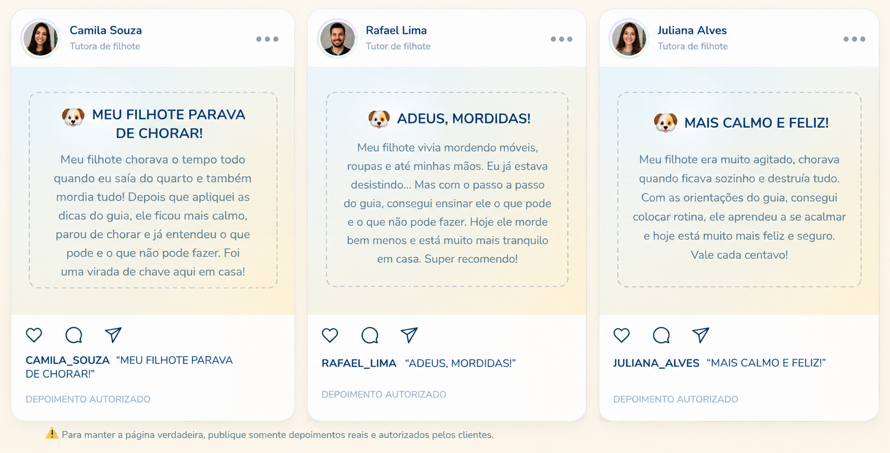 Exemplo visual de seção de depoimentos sobre a rotina com filhotes